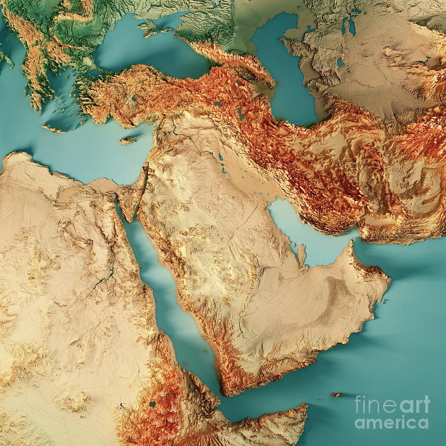 Map Digital Art - Middle East 3D Render Topographic Map Color by Frank Ramspott