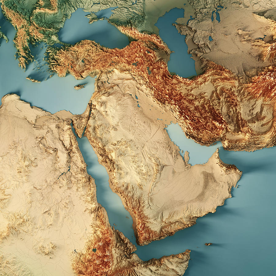 Middle East 3D Render Topographic Map Color Photograph by FrankRamspott