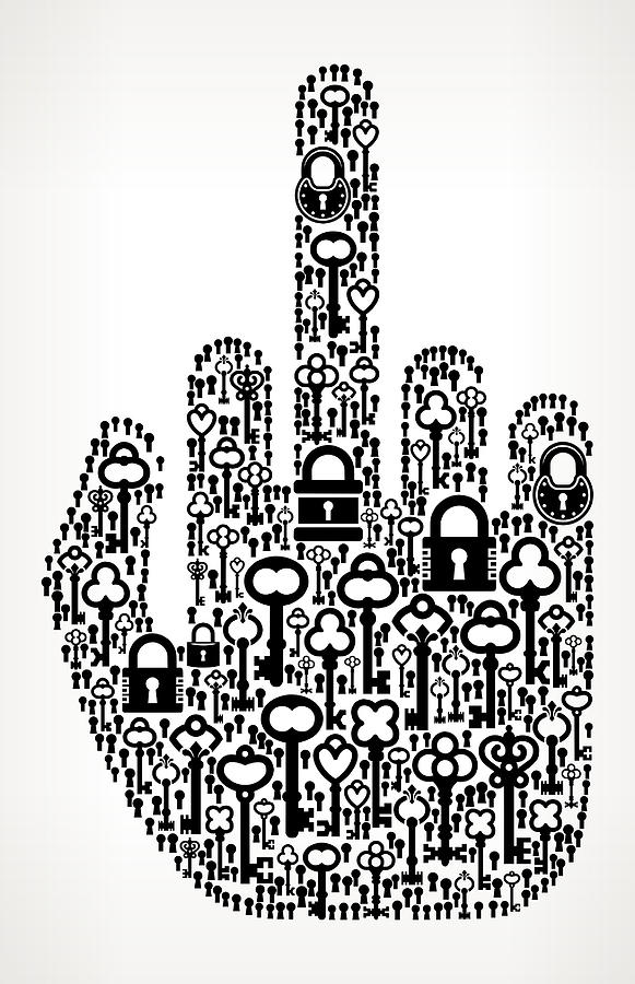 Middle Finger Hand Antique Keys Black and White Vector Pattern Drawing by Bubaone