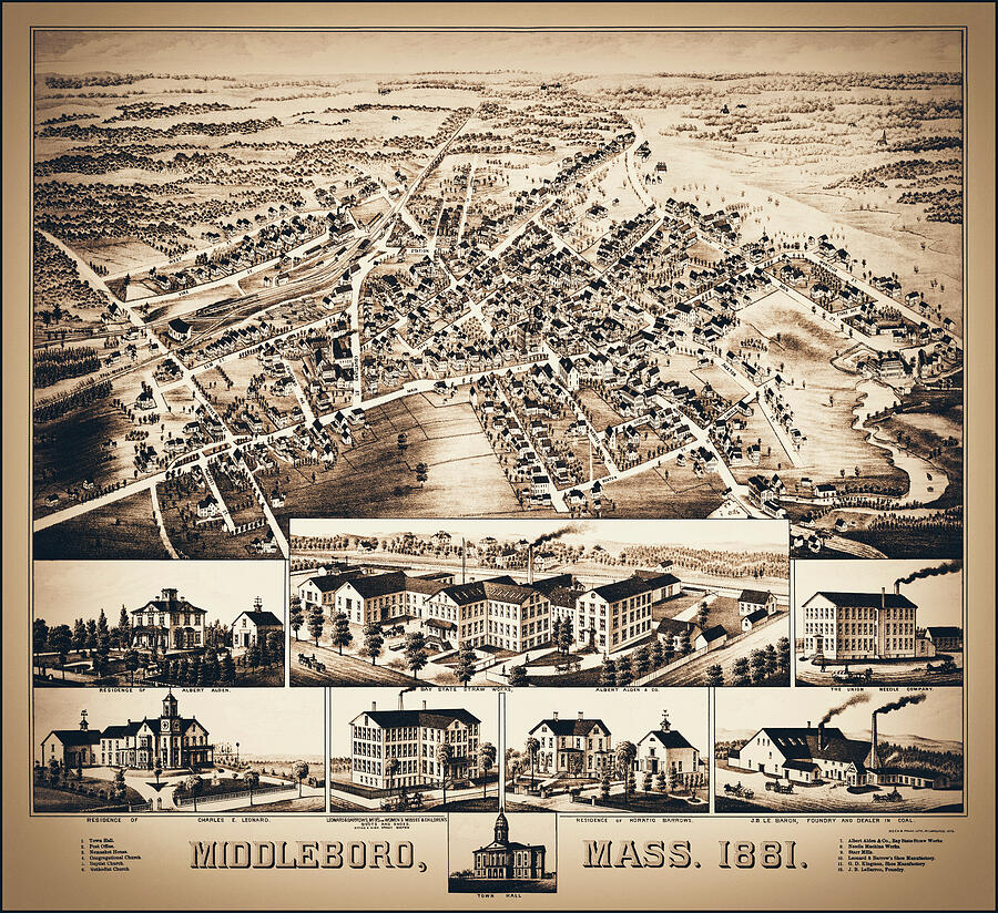 Middleboro Massachusetts Birds Eye View Vintage Map 1881 Sepia ...