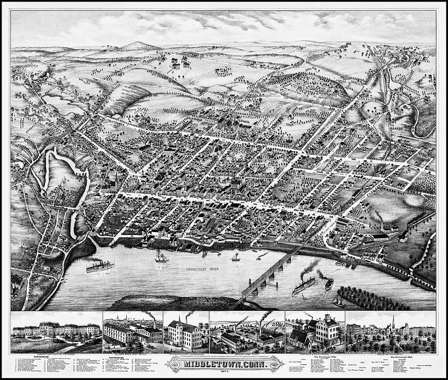 Middletown Connecticut Vintage Map Birds Eye View 1877 Black and White ...