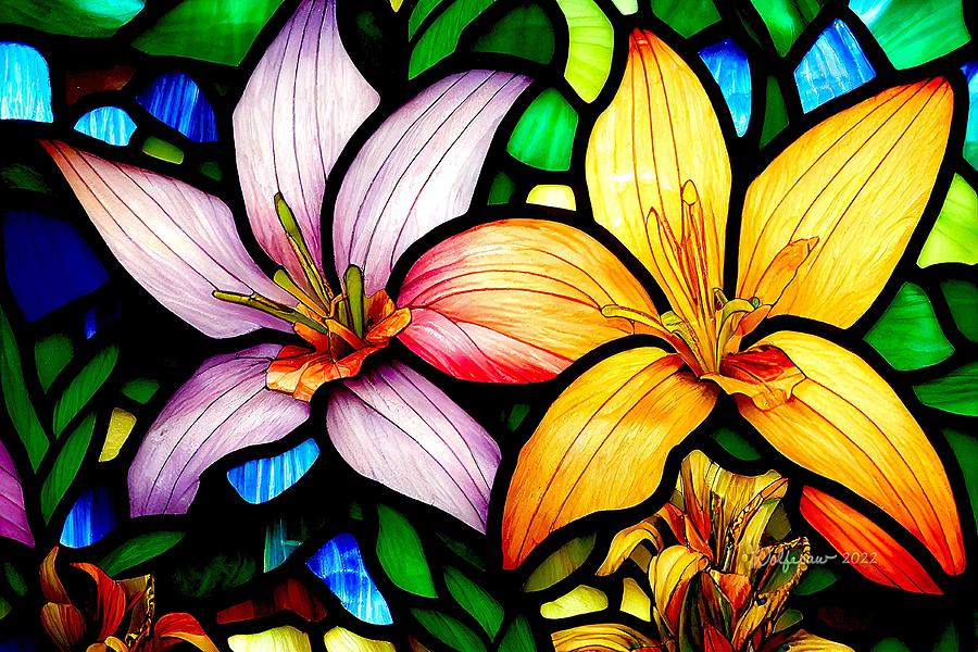 MidJourney AI Stained Glass Day Lilies Digital Art by Peggi Wolfe