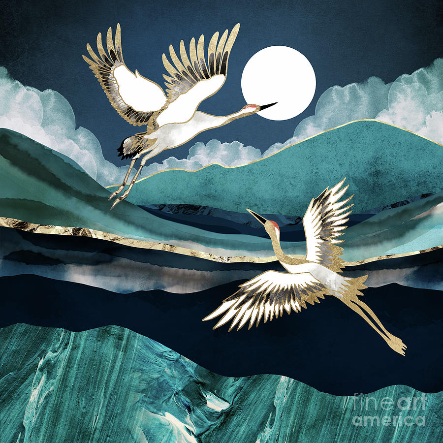Bird Digital Art - Midnight Cranes by Spacefrog Designs