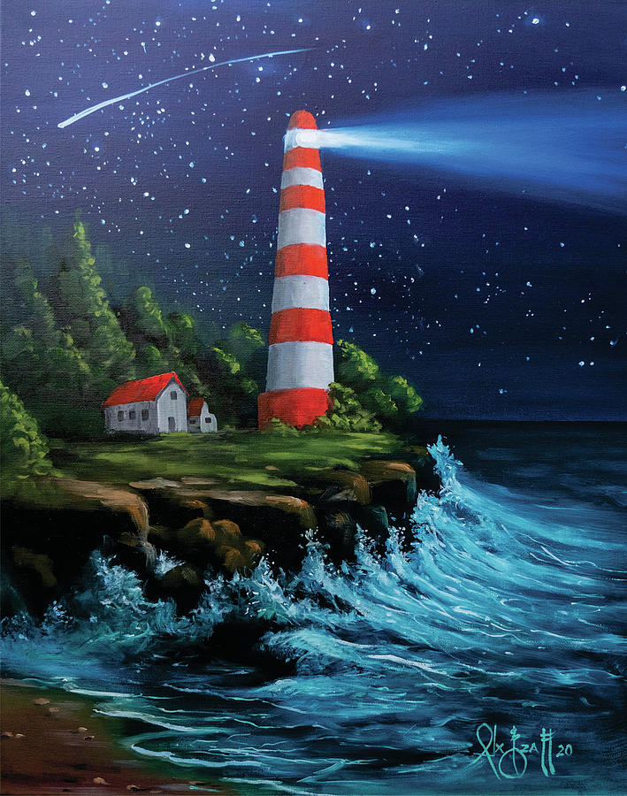 Midnight Lighthouse Painting by Alex Izatt