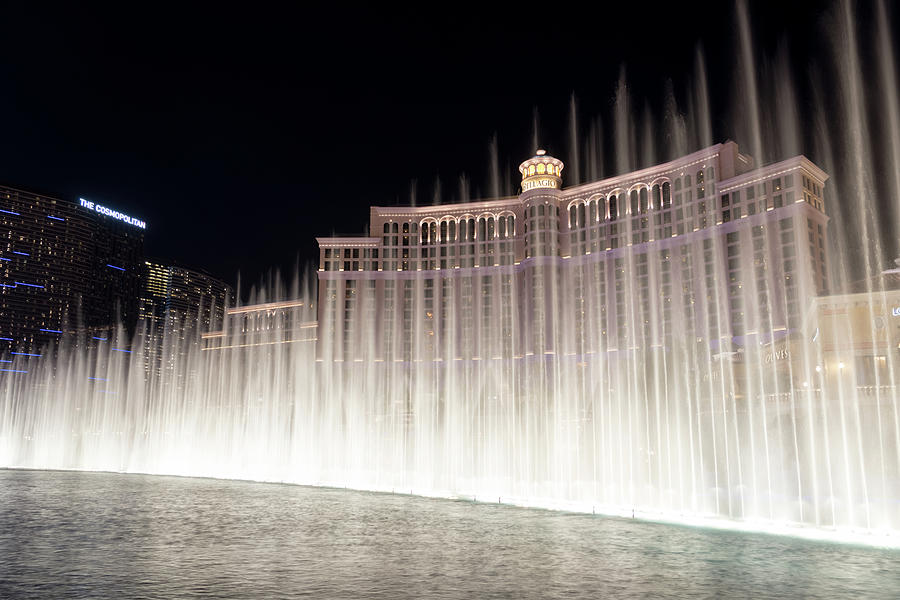 Midnight Water Dance - Bellagio Fountains Las Vegas Nevada USA Photograph by Georgia Mizuleva