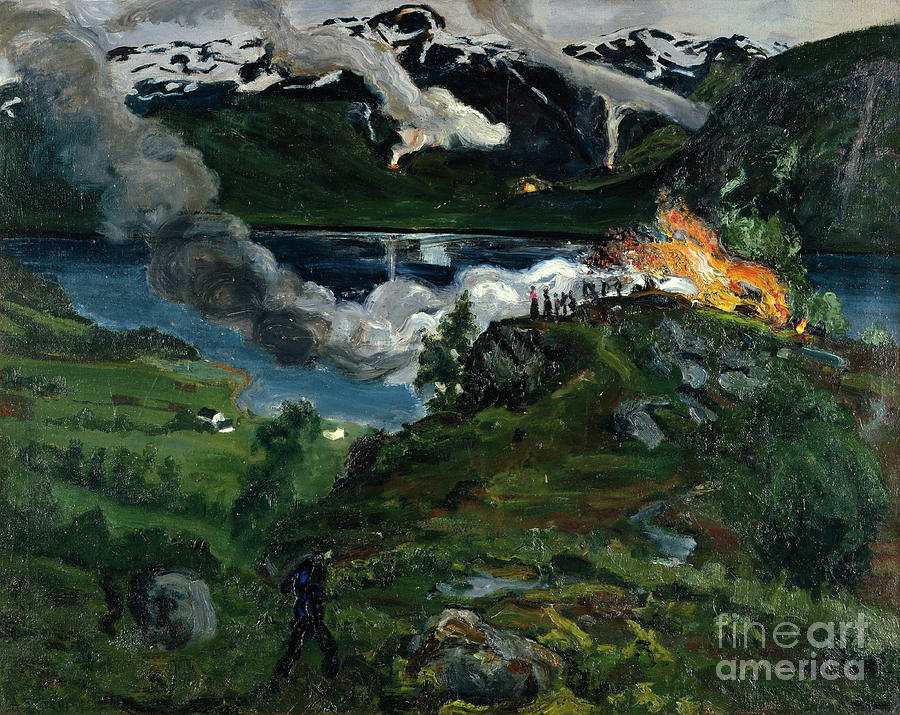 Midsummer fire by the Joelster water Painting by O Vaering by Nikolai Astrup