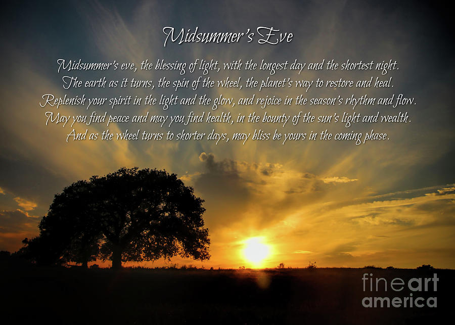 Midsummers Eve Summer Solstice Blessings Poem with Sun and Oak Tre Photograph by Stephanie Laird
