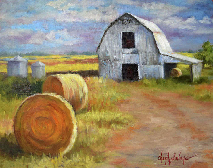 Midway Farm Barn and Haybales by Cheri Wollenberg Painting by Cheri Wollenberg