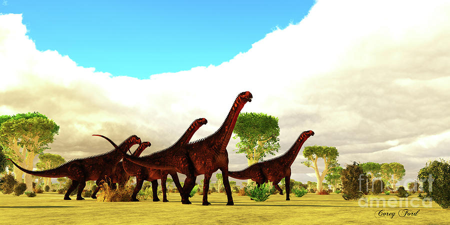 Mierasaurus Dinosaur Herd Digital Art by Corey Ford