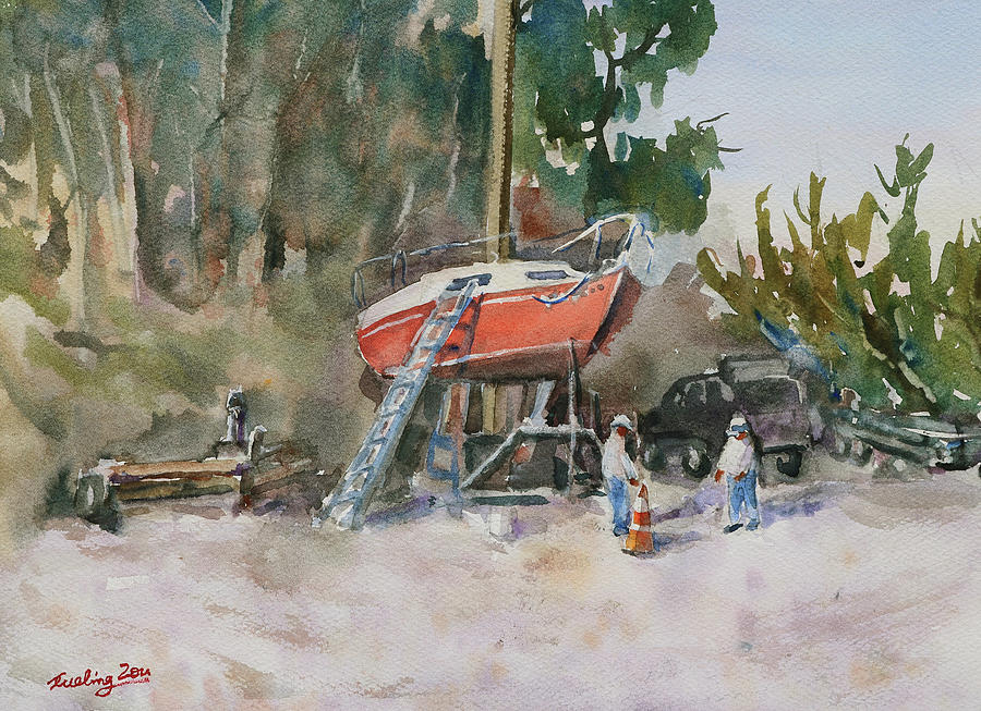 Mike Fixed His Red Sailboat at Coyote Point Marina San Mateo California Painting by Xueling Zou