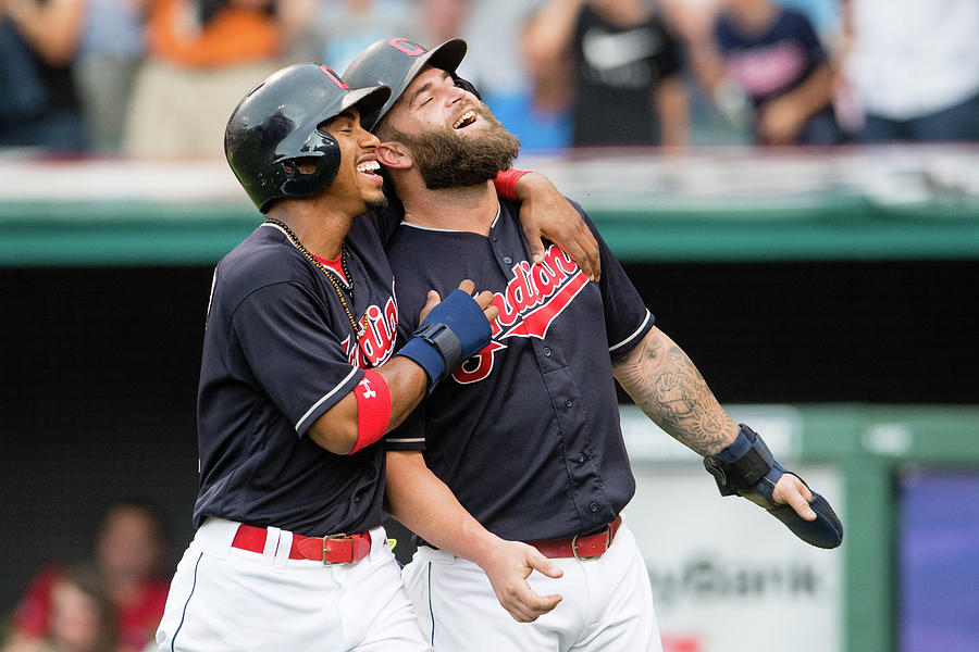 Mike Napoli, Lonnie Chisenhall, and Francisco Lindor Photograph by Jason Miller