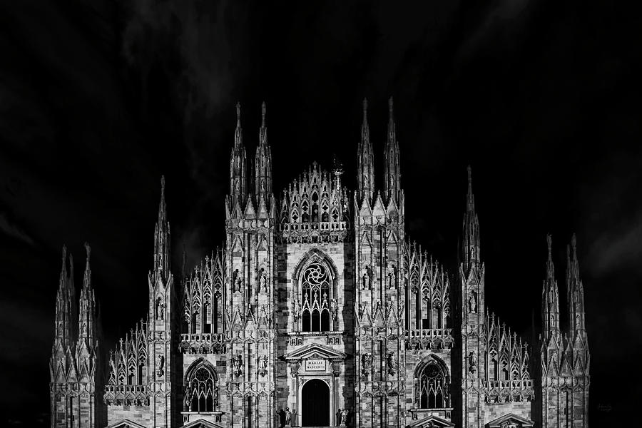 Milan Catherdral, Santa Maria Nascente at Night in Black and White Photograph by Andreea Eva Herczegh