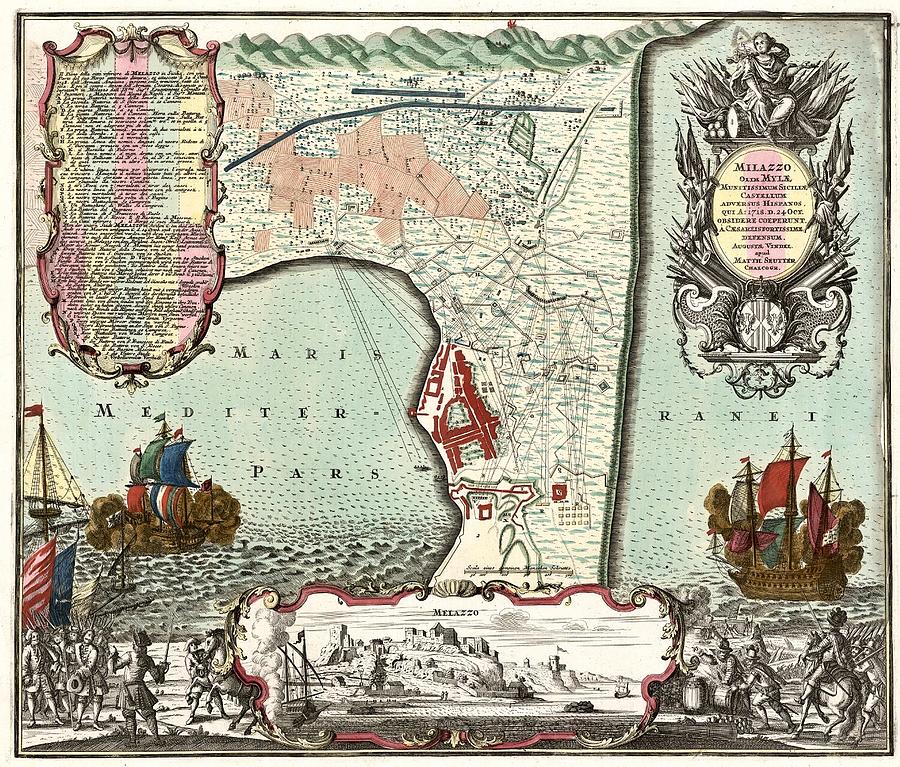 Milazzo Siciliae Castellum 1718 antique map Painting by Vincent Monozlay