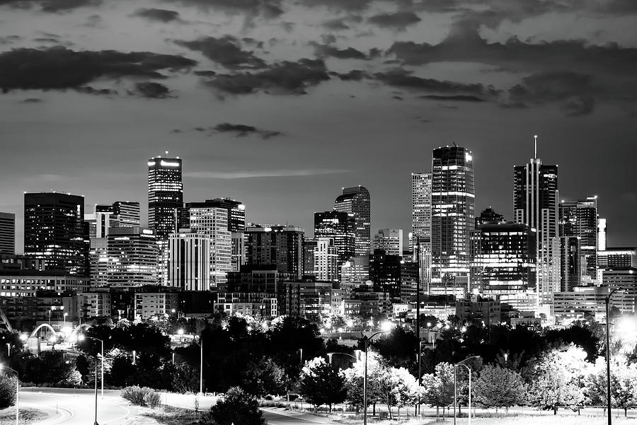 Mile High City Skyline At Dusk - Denver Colorado Black And White Photograph by Gregory Ballos
