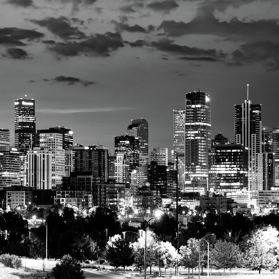 Mile High City Skyline At Dusk - Denver Colorado Monochrome Photograph by Gregory Ballos