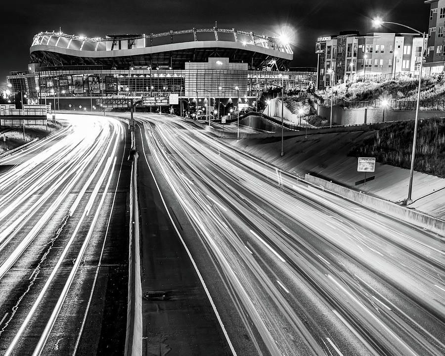 Mile High Football - Denver Stadium And City Architecture In Black And White Photograph