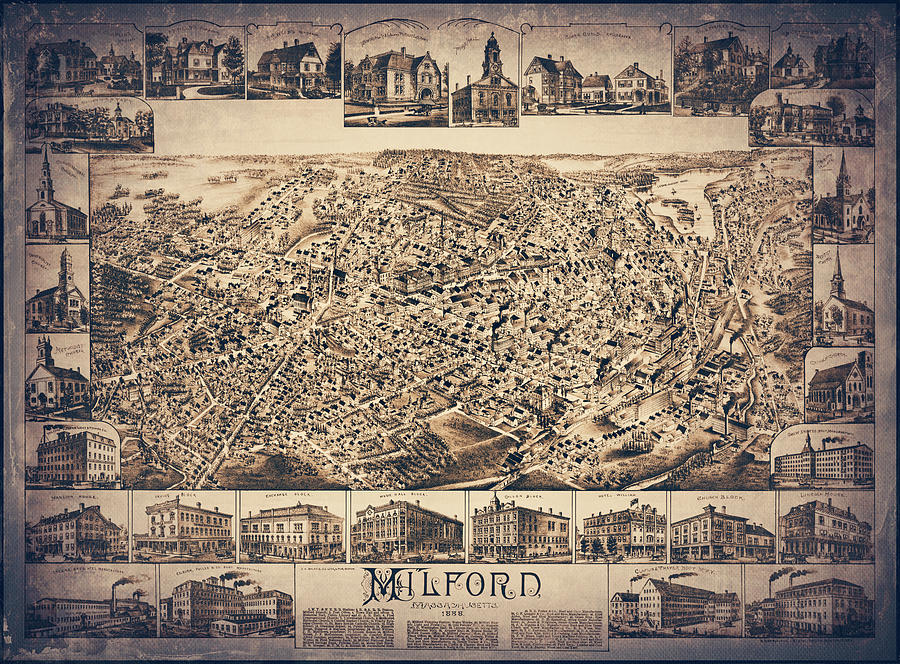 Milford Massachusetts Vintage Map Birds Eye View 1888 Sepia Photograph By Carol Japp Fine Art 2971