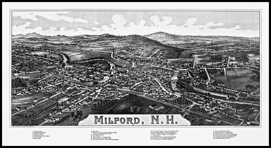 Vintage Photograph - Milford New Hampshire Vintage Map Birds Eye View 1886 Black and White by Carol Japp