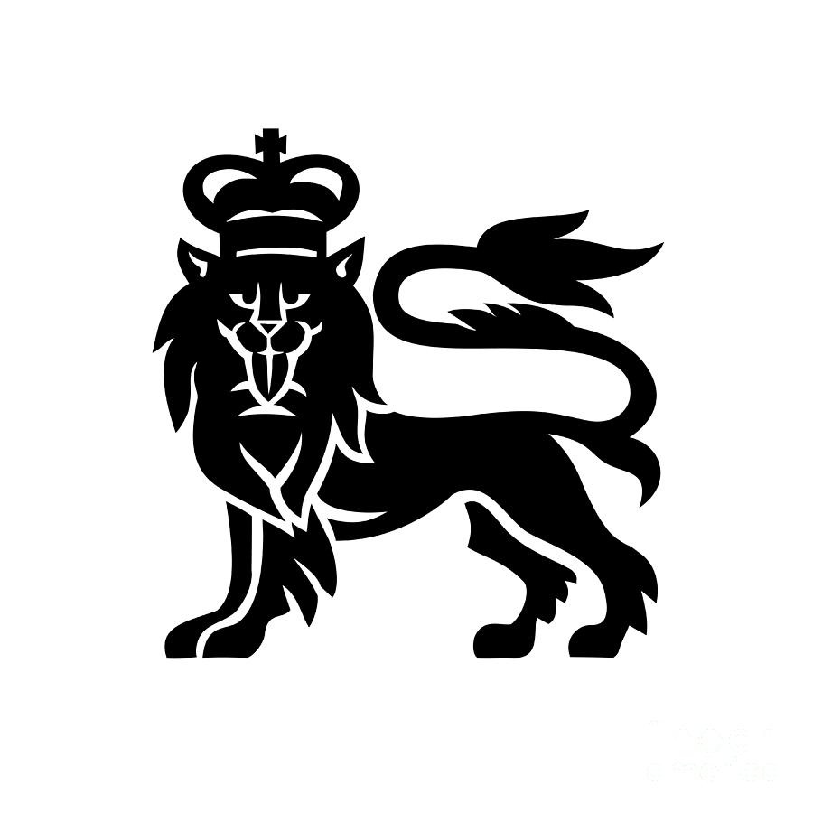 Military Badge Illustration Of English Or British Lion Wearing A Royal Crown Viewed From Side Looking To Front On Isolated White Background Done In Black And White Retro Style. Digital Art