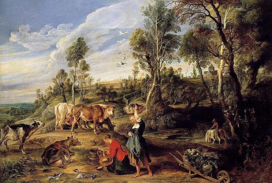 Rural Life with Cattle and People Painting - Milkmaids with cattle in a landscape by Peter Paul Rubens by The Luxury Art Collection