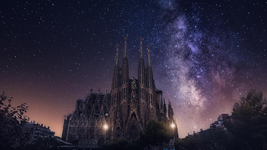 Milky Way and Basilica and Sagrada Familia Photograph by Carlos Fernandez
