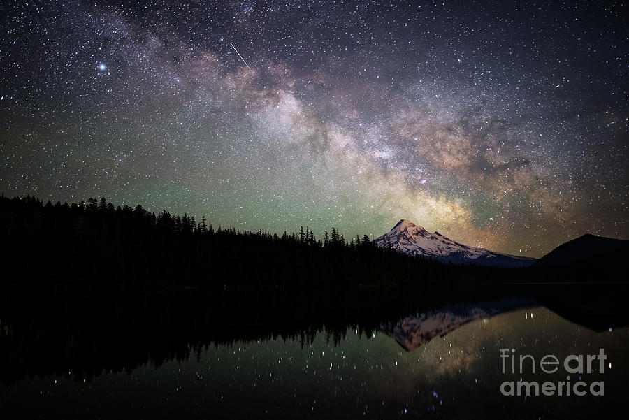 Milky Way and Mount Hood Reflecting in Lost Lake Photograph by Tom Schwabel