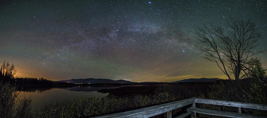 Milky Way Cherry Pond Dock Panorama Photograph by White Mountain Images