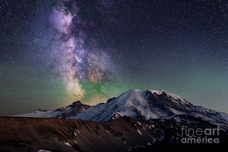 Milky Way Galaxy Over Mount Rainier Photograph by Tom Schwabel