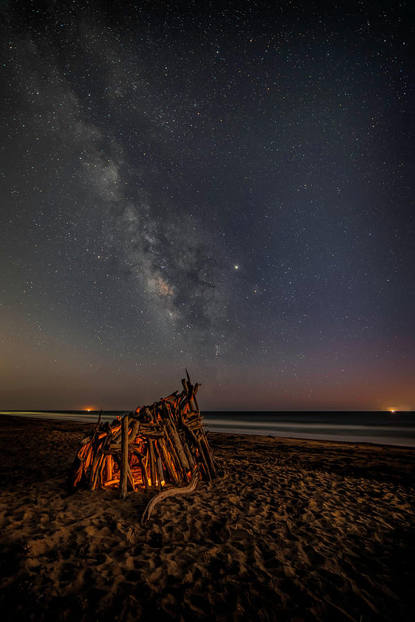 Milky Way Over Teepee Campfire at the Beach Photograph by Lindsay Thomson