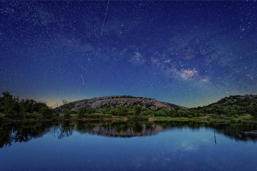 Milky Way Over Enchanted Rock from Moss Lake Fredericksburg Llano Central Texas Hill Country Photograph by Silvio Ligutti