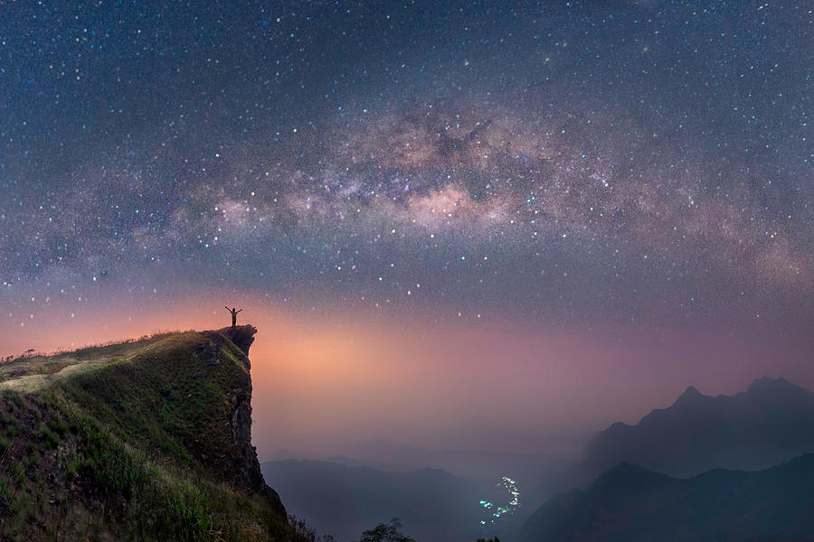 milky way over the mountains of Chiang Rai, Thailand, Phuchifha Photograph by Photo by Obbchao