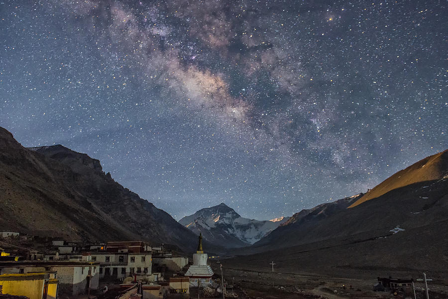 Milky way over the north face of Mt. Everest and Rongbuk monastery , Tibet Photograph by Ratnakorn Piyasirisorost