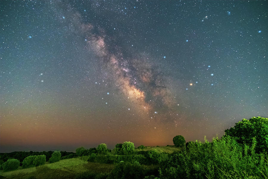 Milky Way Rising in the Night Sky over Green Fields Photograph by Alexios Ntounas