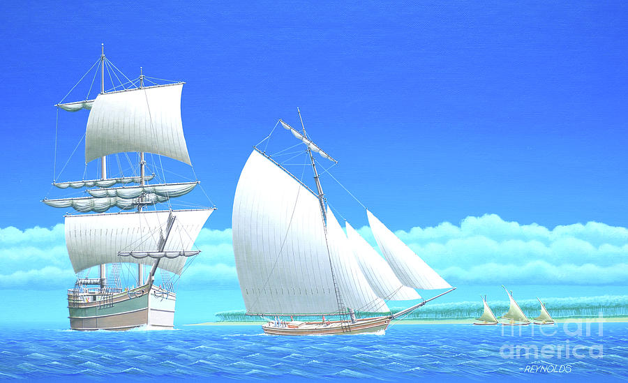 Millennium of Sailing in Marshall Islands - Russian Brig Rurick Painting by Keith Reynolds