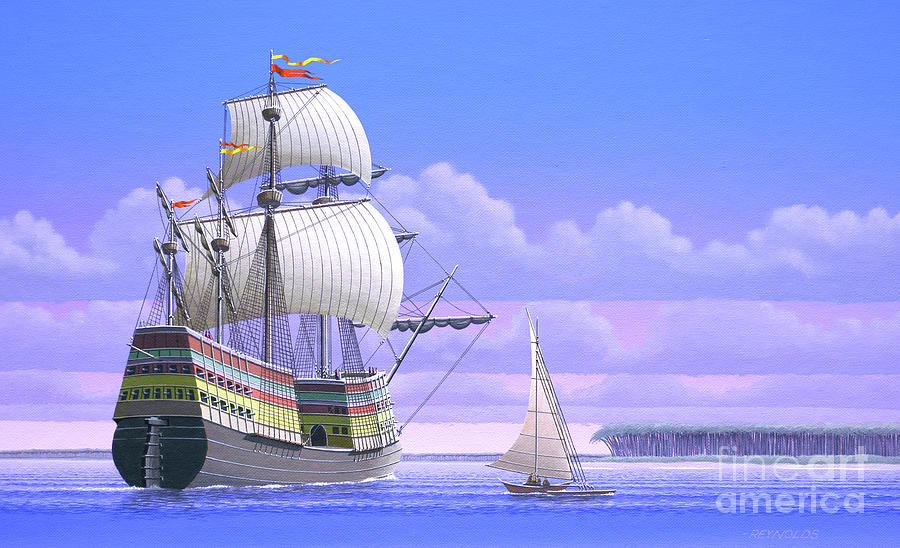 Millennium of Sailing in Marshall Islands - Spanish Ship Santa Maria de la Vittoria Painting by Keith Reynolds