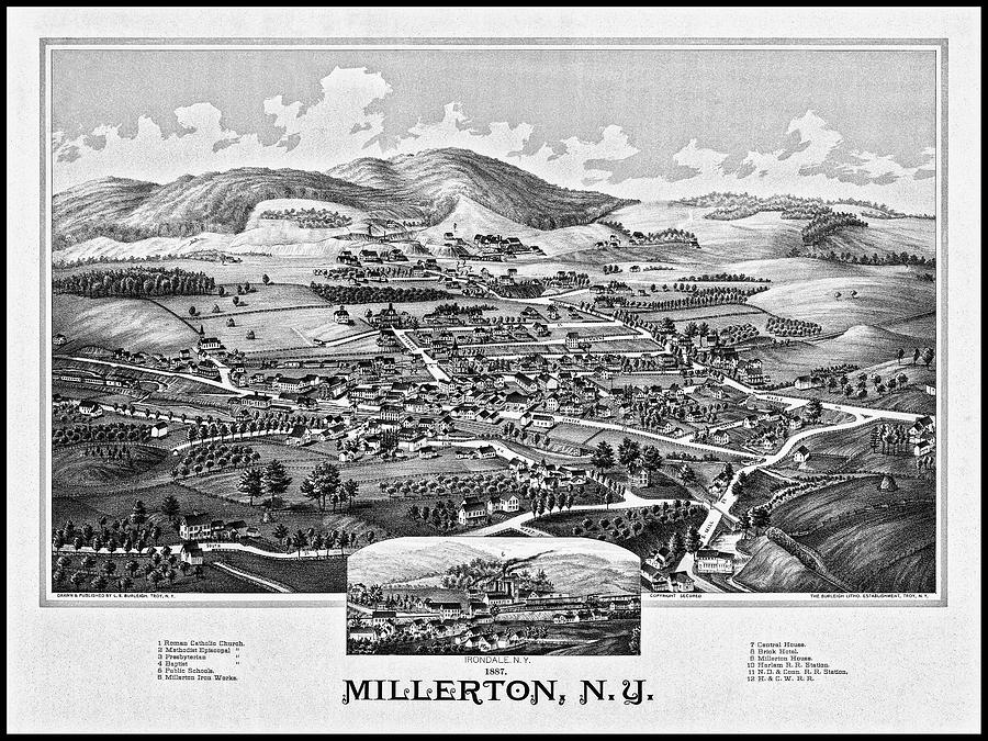 New York Map Photograph - Millerton New York Vintage Map Aerial View 1887 Black and White by Carol Japp