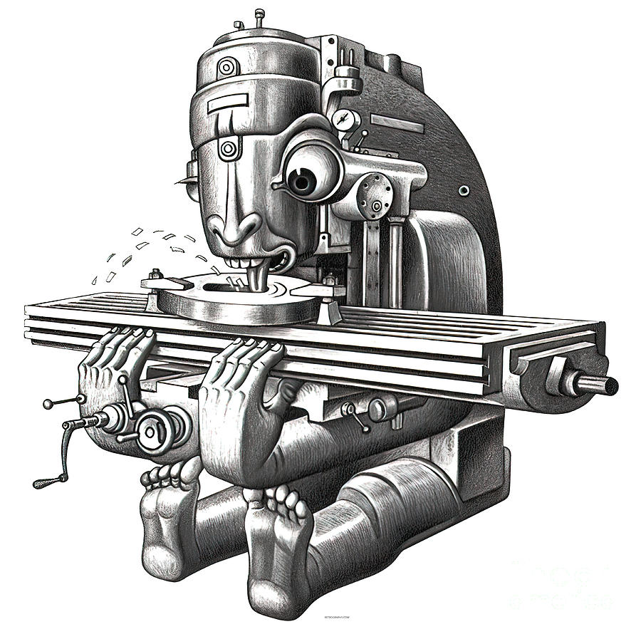 Milling machine eating metal chips ca. 1950, part of a series.  Drawing by Boris Artzybasheef