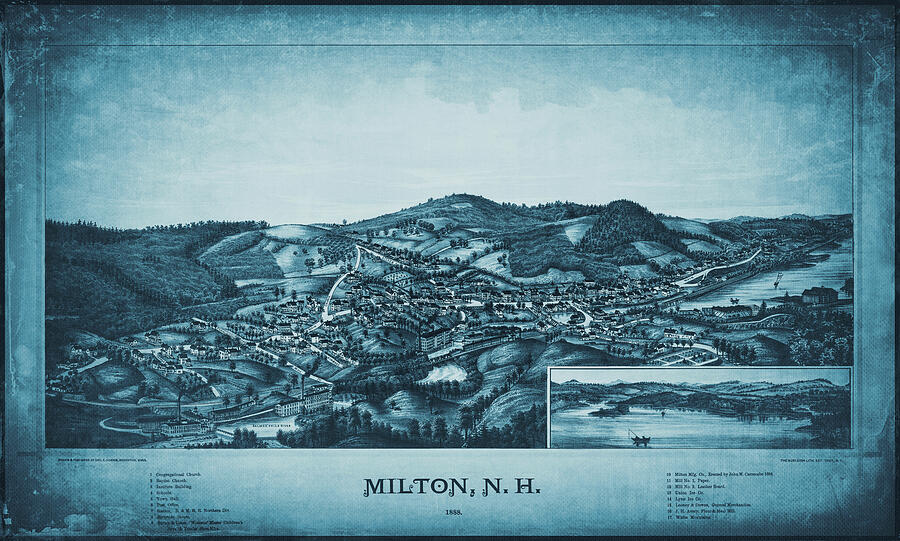 Milton New Hampshire Vintage Map Birds Eye View 1888 Blue Photograph by ...