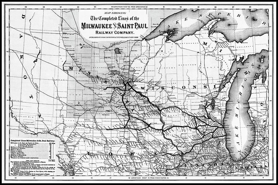 Milwaukee Photograph - Milwaukee and Saint Paul Railway Company Vintage Map 1872 Black and White  by Carol Japp