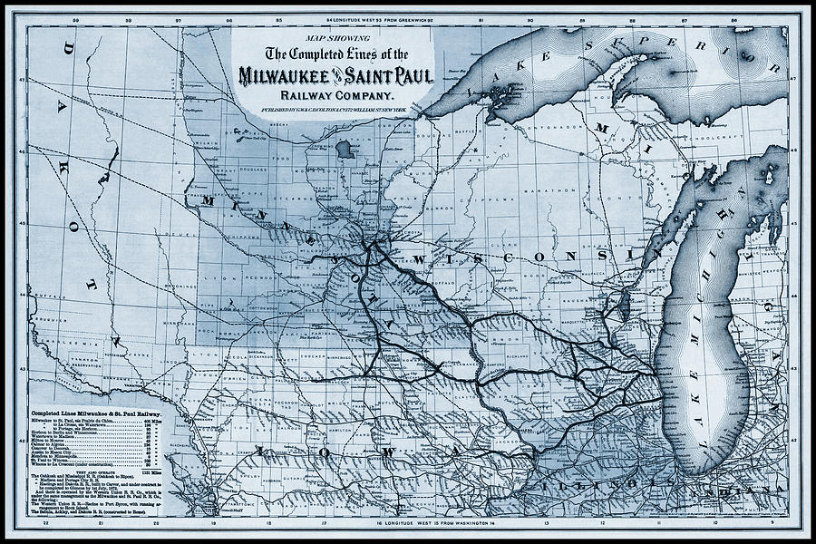 Milwaukee Photograph - Milwaukee and Saint Paul Railway Company Vintage Map 1872 Blue  by Carol Japp