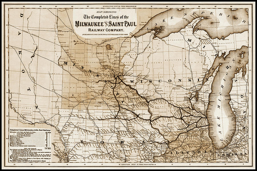 Milwaukee Photograph - Milwaukee and Saint Paul Railway Company Vintage Map 1872 Sepia  by Carol Japp