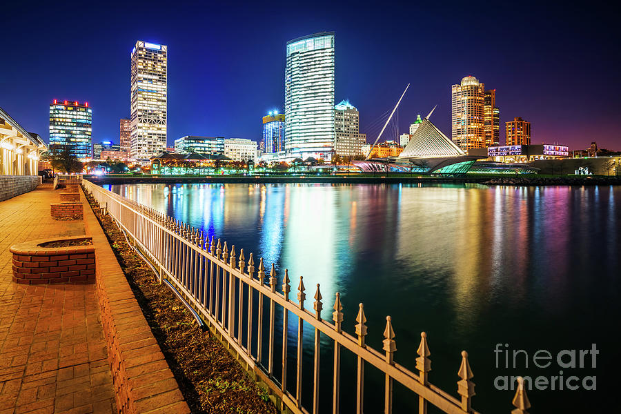 Milwaukee Bay Skyline at Night Picture Photograph by Paul Velgos