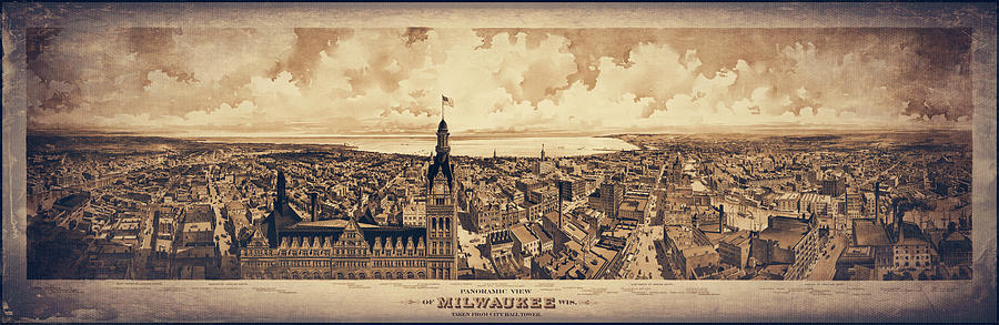 Milwaukee Photograph - Milwaukee Wisconsin Vintage Birds Eye View Panoramic Map 1898 Sepia by Carol Japp