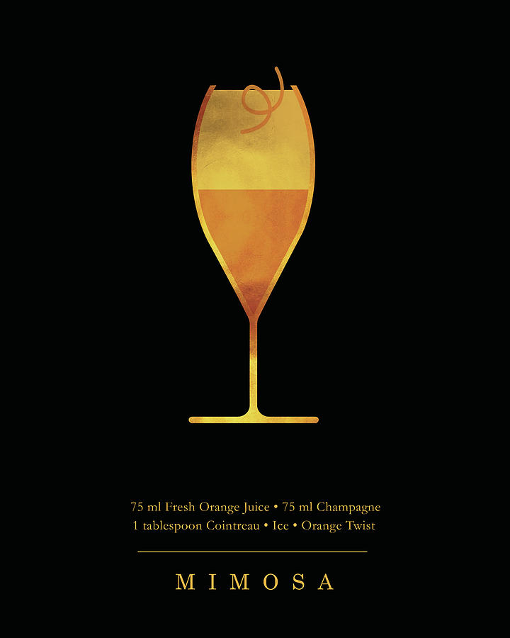 Summer Digital Art - Mimosa Cocktail - Classic Cocktail Print - Black and Gold - Modern, Minimal Lounge Art  by Studio Grafiikka