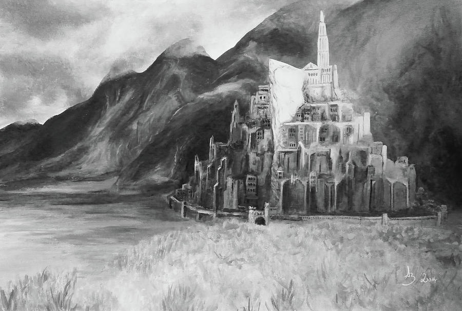 Minas Tirith, City of Gondor - The Lord of the Rings Art in Black and White Painting by Aneta Soukalova