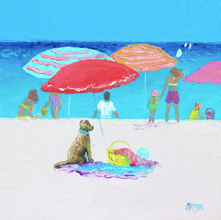Minding the picnic under a Red Umbrella, beach scene Painting by Jan Matson