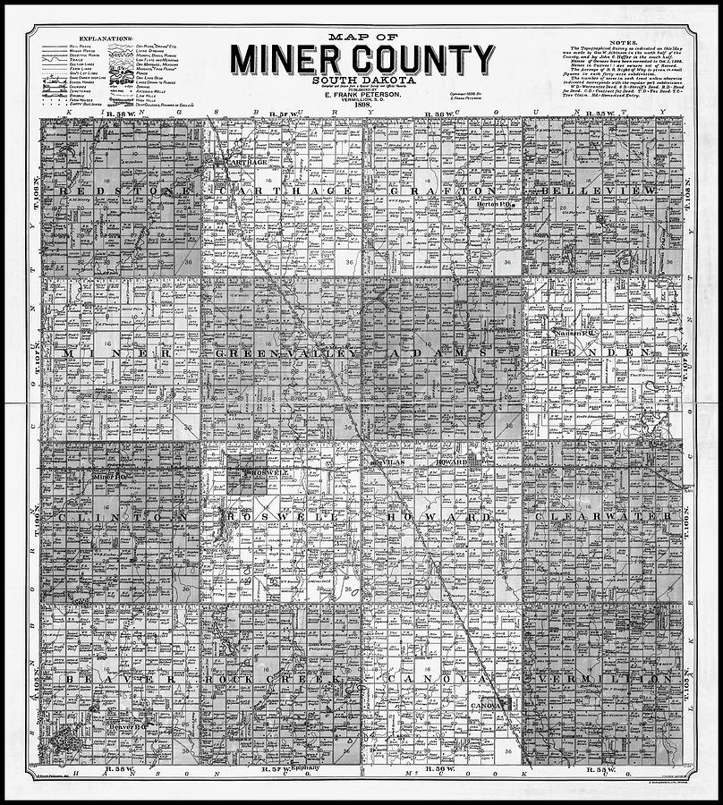 South Dakota Map Photograph - Miner County South Dakota Vintage Map 1898 Black and White  by Carol Japp