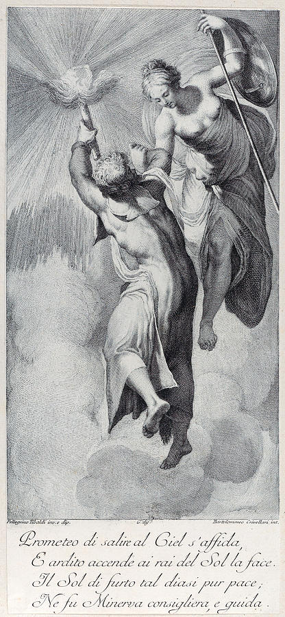 Minerva assisting Prometheus as he attempts to scale the heavens Drawing by Bartolomeo Crivellari