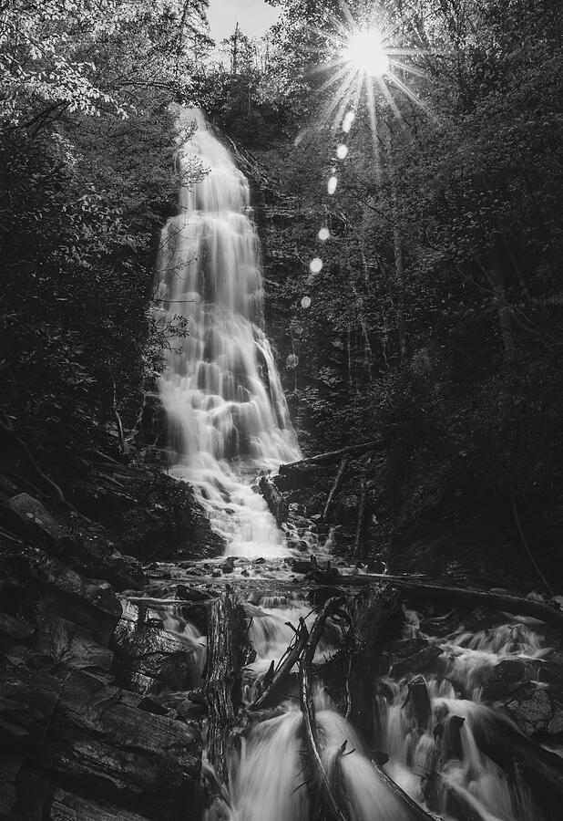 Mingo Falls Sunburst Black And White Photograph