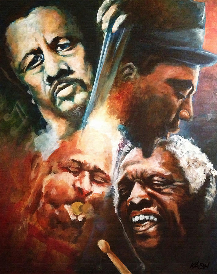 Mingus Monk Blakey and Gillespie Playing Jazz Painting by Art of Ka-Son